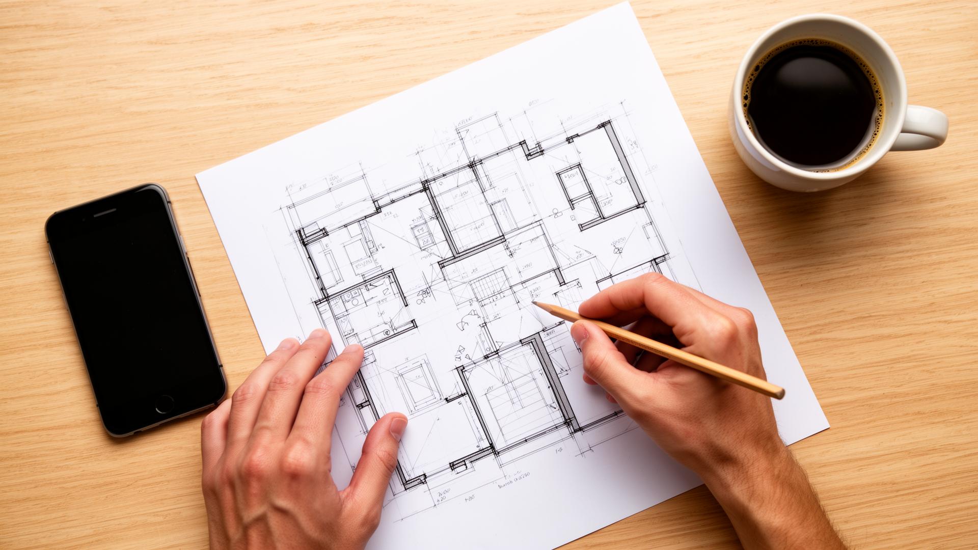 Architekto rankos braižo buto planą šalia kavos puodelio